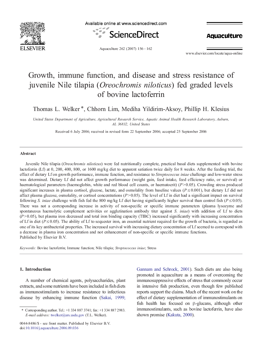 Growth, immune function, and disease and stress resistance of juvenile Nile tilapia (Oreochromis niloticus) fed graded levels of bovine lactoferrin