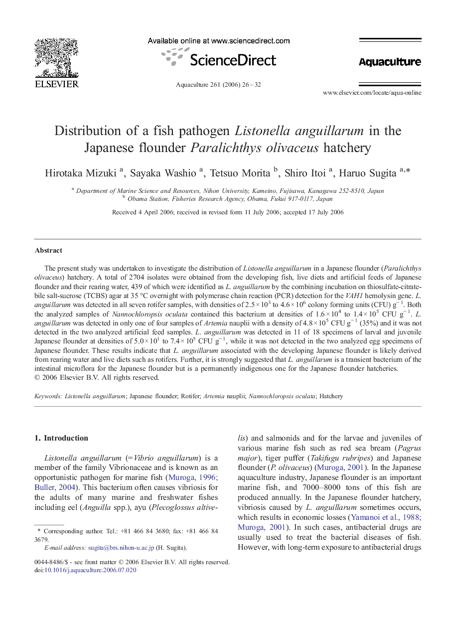 Distribution of a fish pathogen Listonella anguillarum in the Japanese flounder Paralichthys olivaceus hatchery