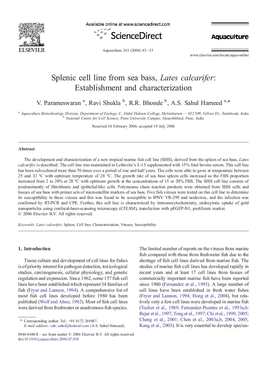 Splenic cell line from sea bass, Lates calcarifer: Establishment and characterization