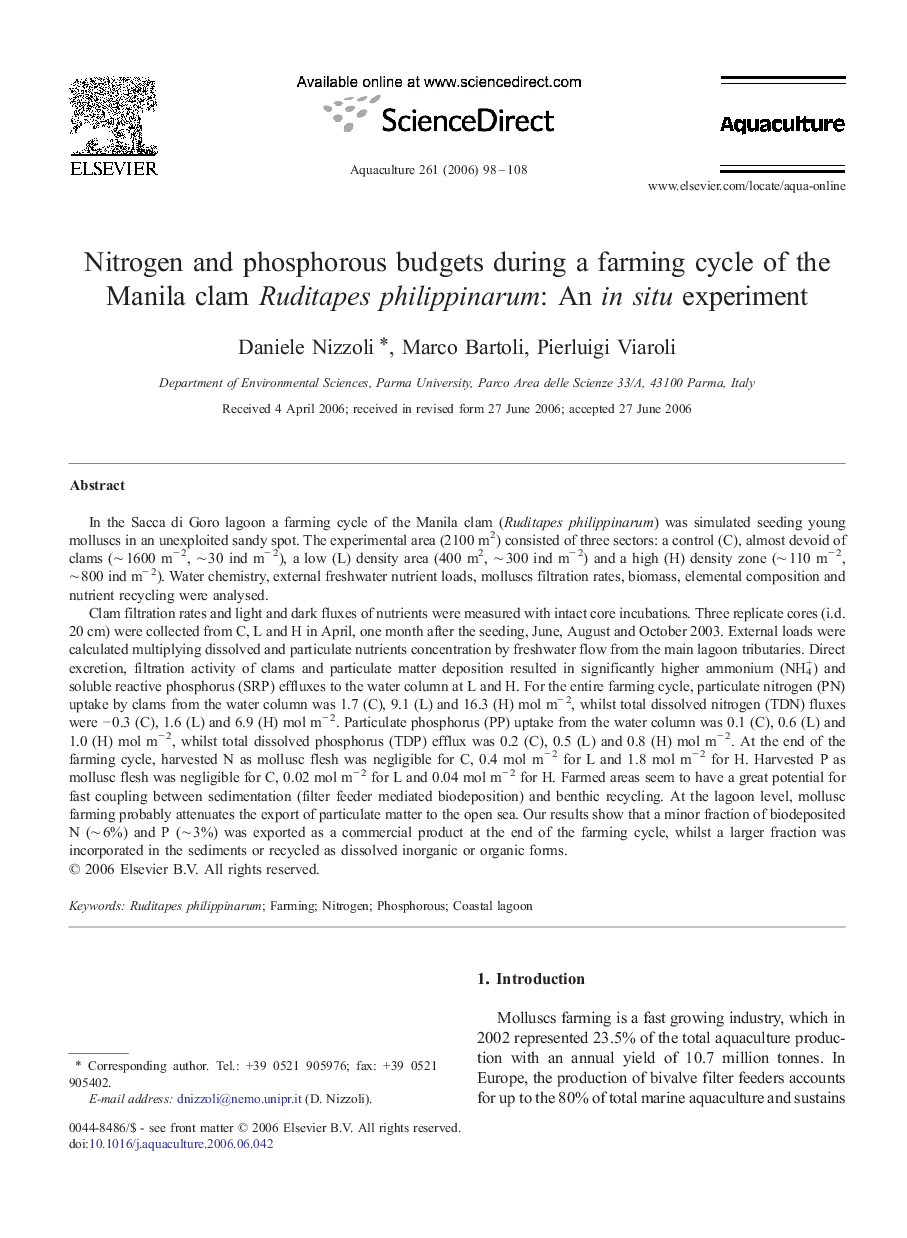 Nitrogen and phosphorous budgets during a farming cycle of the Manila clam Ruditapes philippinarum: An in situ experiment