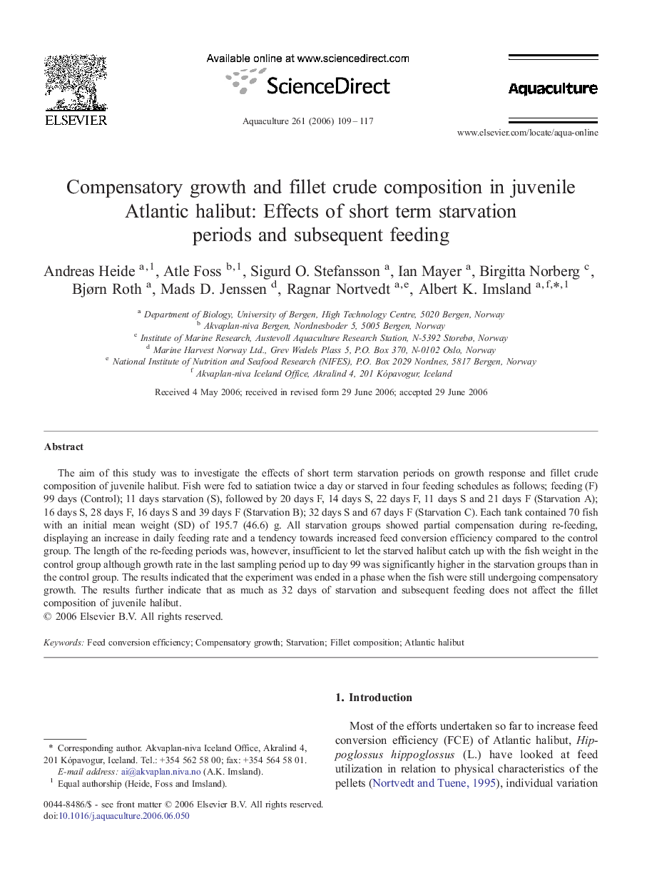 Compensatory growth and fillet crude composition in juvenile Atlantic halibut: Effects of short term starvation periods and subsequent feeding