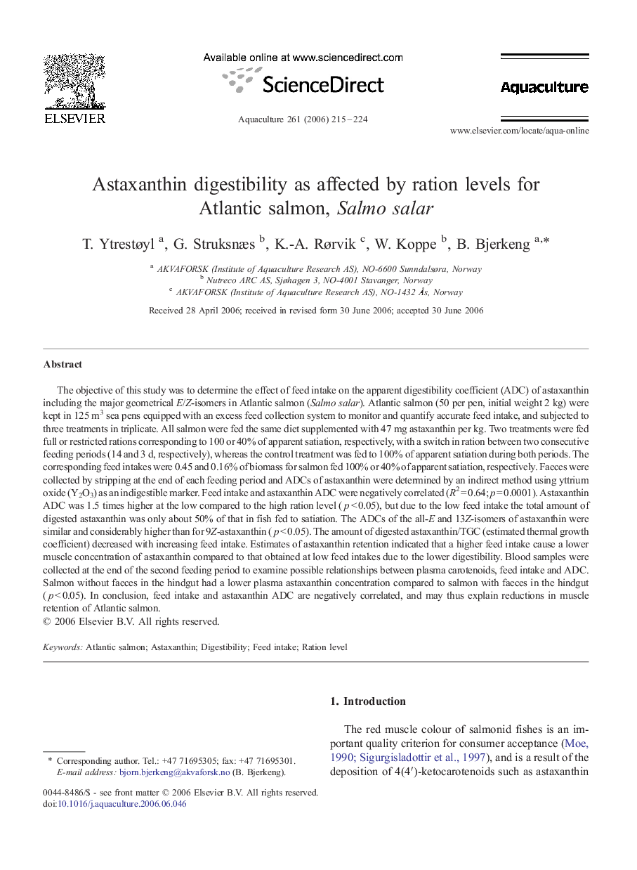 Astaxanthin digestibility as affected by ration levels for Atlantic salmon, Salmo salar