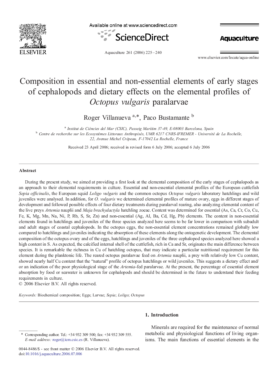 Composition in essential and non-essential elements of early stages of cephalopods and dietary effects on the elemental profiles of Octopus vulgaris paralarvae