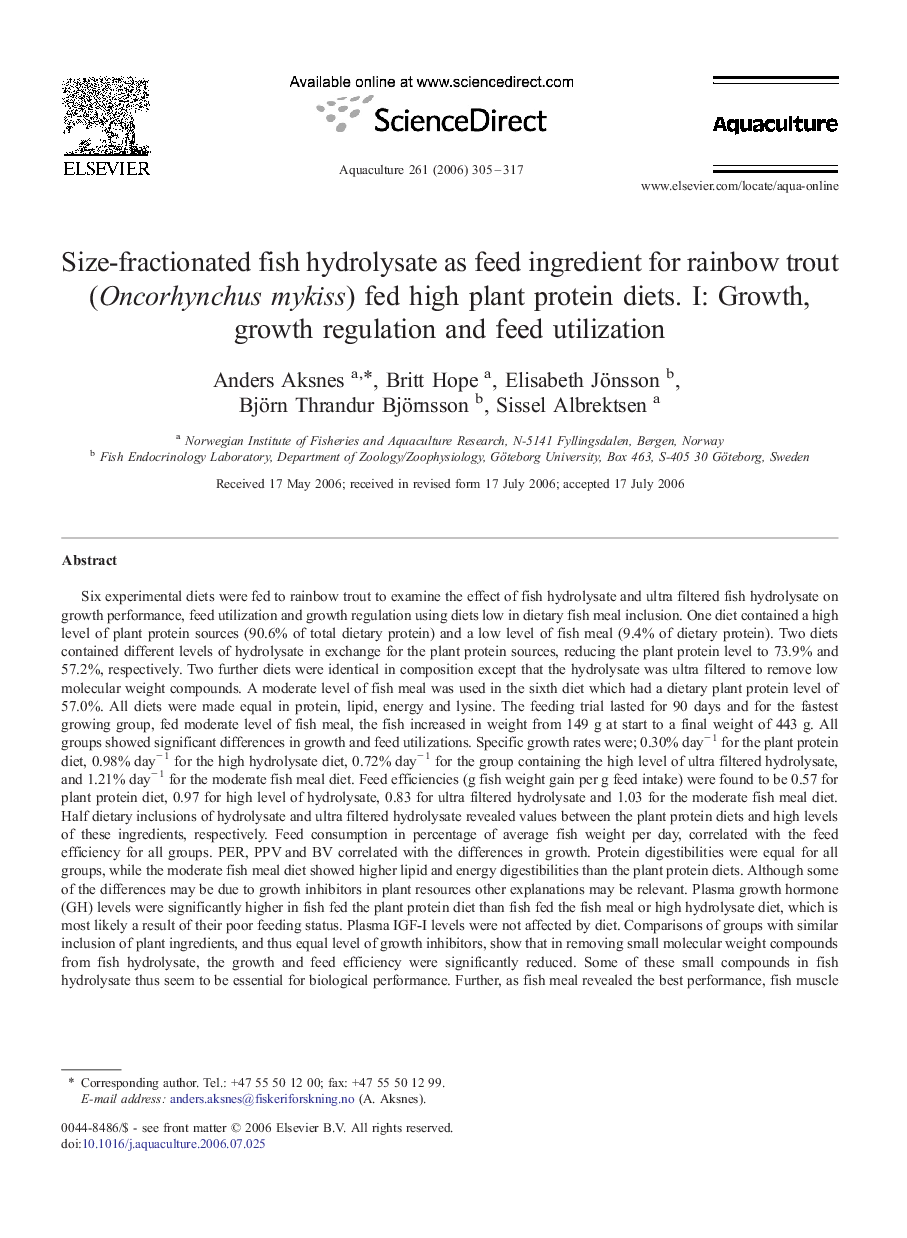 Size-fractionated fish hydrolysate as feed ingredient for rainbow trout (Oncorhynchus mykiss) fed high plant protein diets. I: Growth, growth regulation and feed utilization