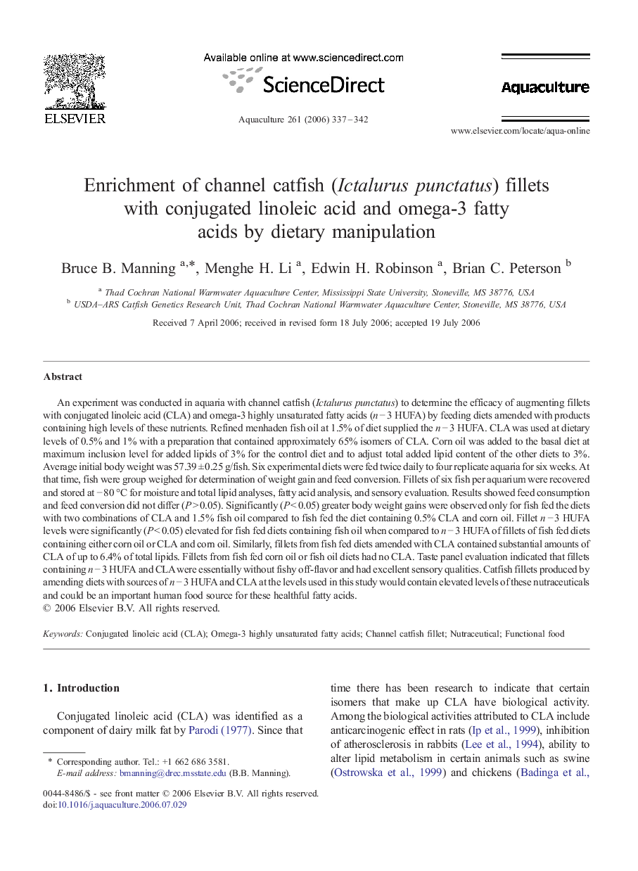 Enrichment of channel catfish (Ictalurus punctatus) fillets with conjugated linoleic acid and omega-3 fatty acids by dietary manipulation