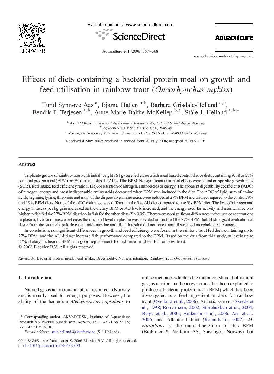 Effects of diets containing a bacterial protein meal on growth and feed utilisation in rainbow trout (Oncorhynchus mykiss)