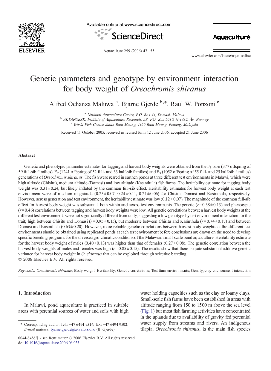 Genetic parameters and genotype by environment interaction for body weight of Oreochromis shiranus