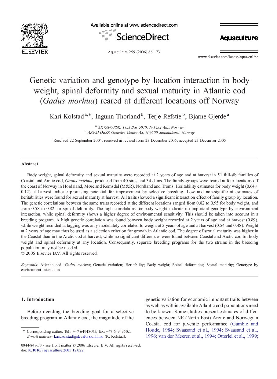 Genetic variation and genotype by location interaction in body weight, spinal deformity and sexual maturity in Atlantic cod (Gadus morhua) reared at different locations off Norway