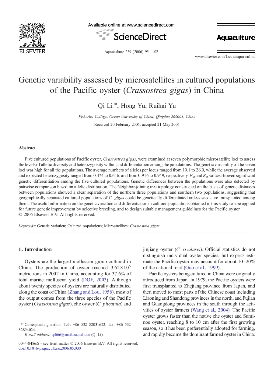 Genetic variability assessed by microsatellites in cultured populations of the Pacific oyster (Crassostrea gigas) in China