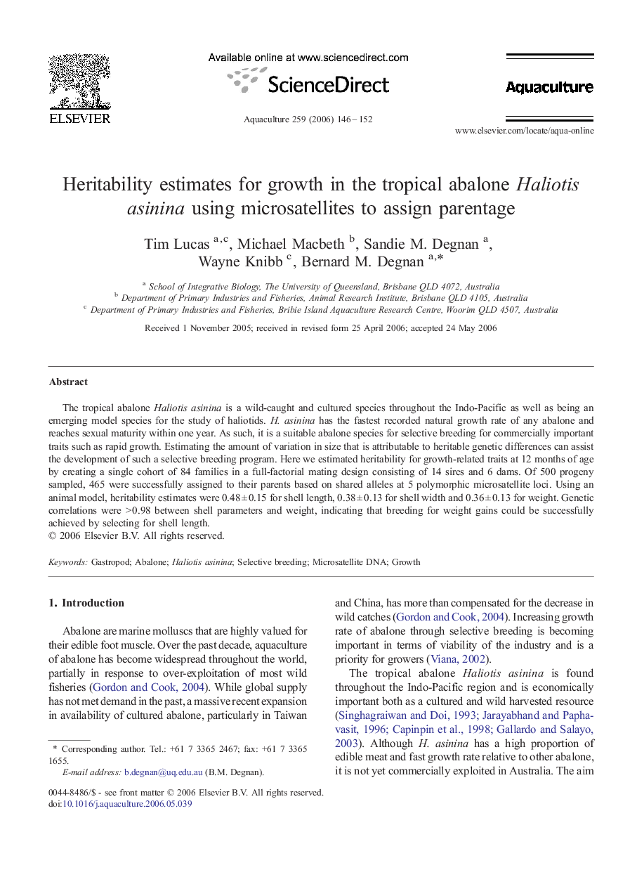 Heritability estimates for growth in the tropical abalone Haliotis asinina using microsatellites to assign parentage