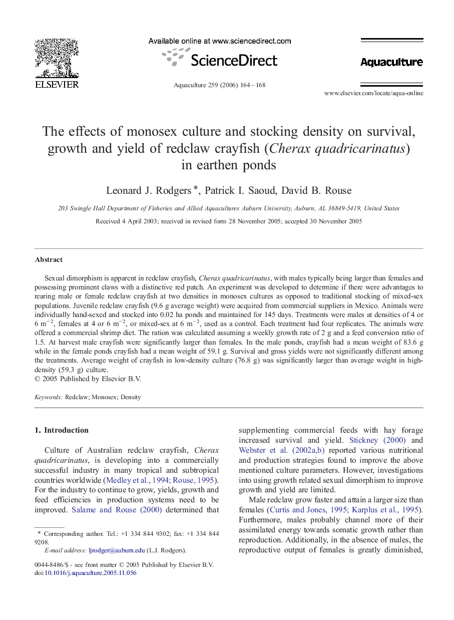 The effects of monosex culture and stocking density on survival, growth and yield of redclaw crayfish (Cherax quadricarinatus) in earthen ponds