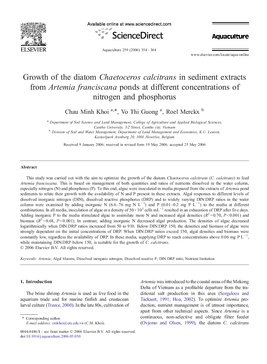 Growth of the diatom Chaetoceros calcitrans in sediment extracts from Artemia franciscana ponds at different concentrations of nitrogen and phosphorus