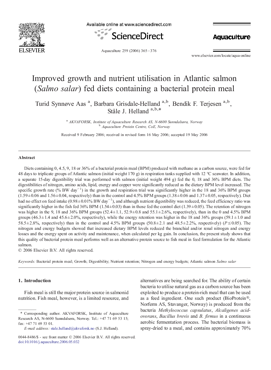 Improved growth and nutrient utilisation in Atlantic salmon (Salmo salar) fed diets containing a bacterial protein meal