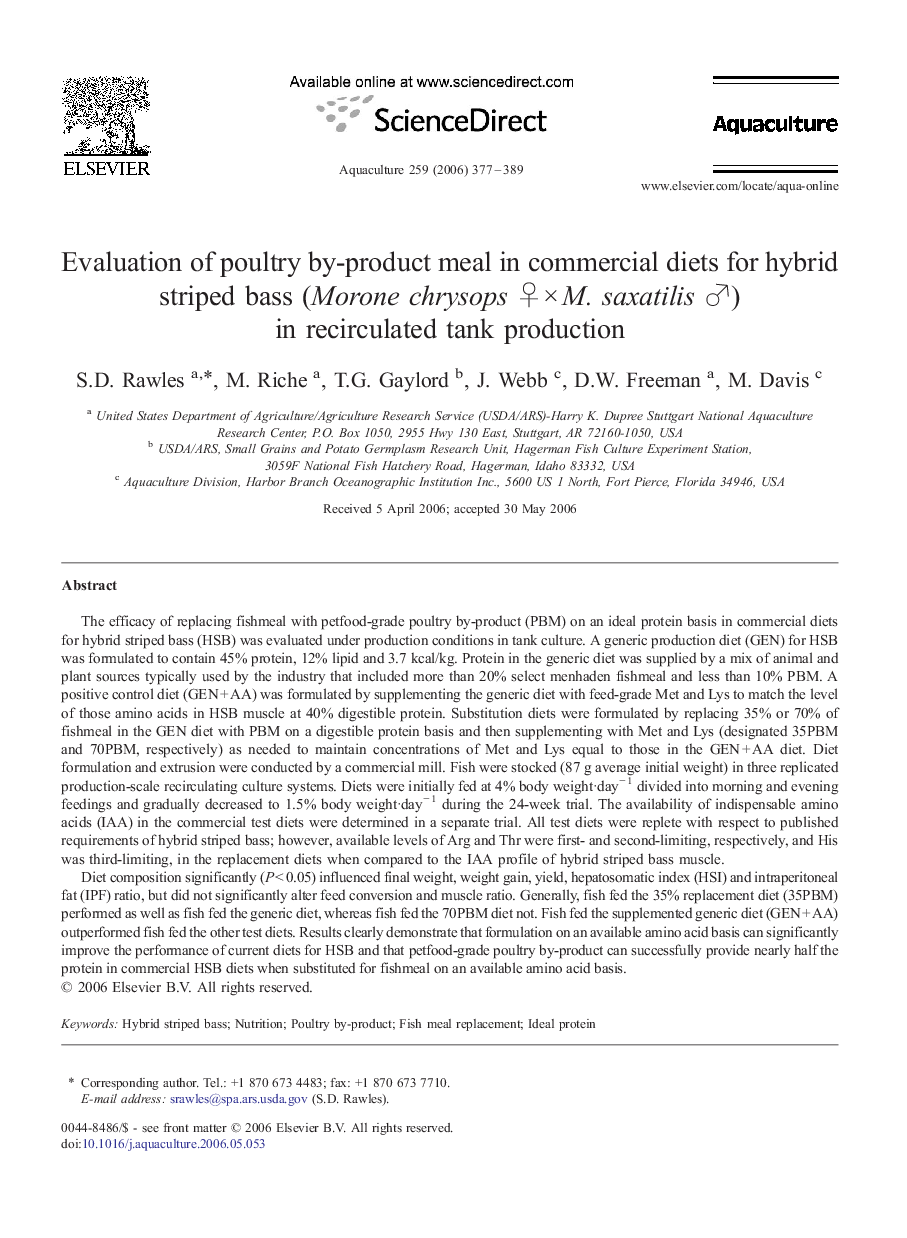 Evaluation of poultry by-product meal in commercial diets for hybrid striped bass (Morone chrysops ♀ × M. saxatilis ♂) in recirculated tank production