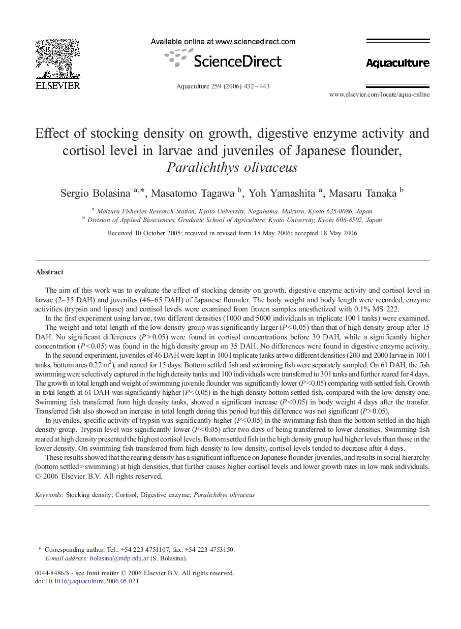 Effect of stocking density on growth, digestive enzyme activity and cortisol level in larvae and juveniles of Japanese flounder, Paralichthys olivaceus