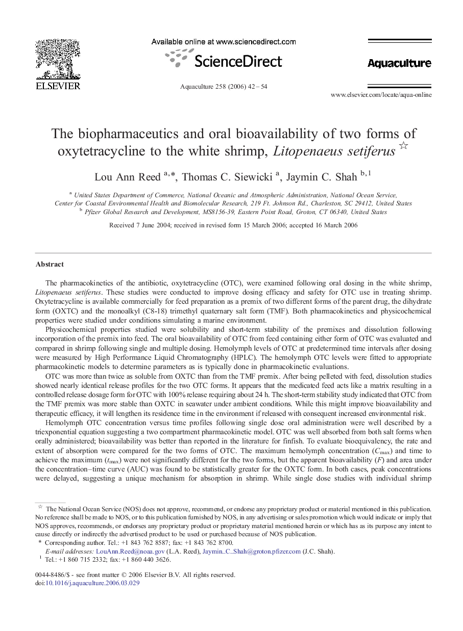 The biopharmaceutics and oral bioavailability of two forms of oxytetracycline to the white shrimp, Litopenaeus setiferus 