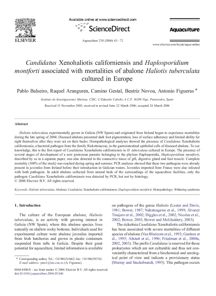 عکس صفحه اول مقاله: Candidatus Xenohaliotis californiensis and Haplosporidium montforti associated with mortalities of abalone Haliotis tuberculata cultured in Europe Candidatus Xenohaliotis californiensis and Haplosporidium montforti associated with mortalities of abalone Haliotis tuberculata cultured in Europe