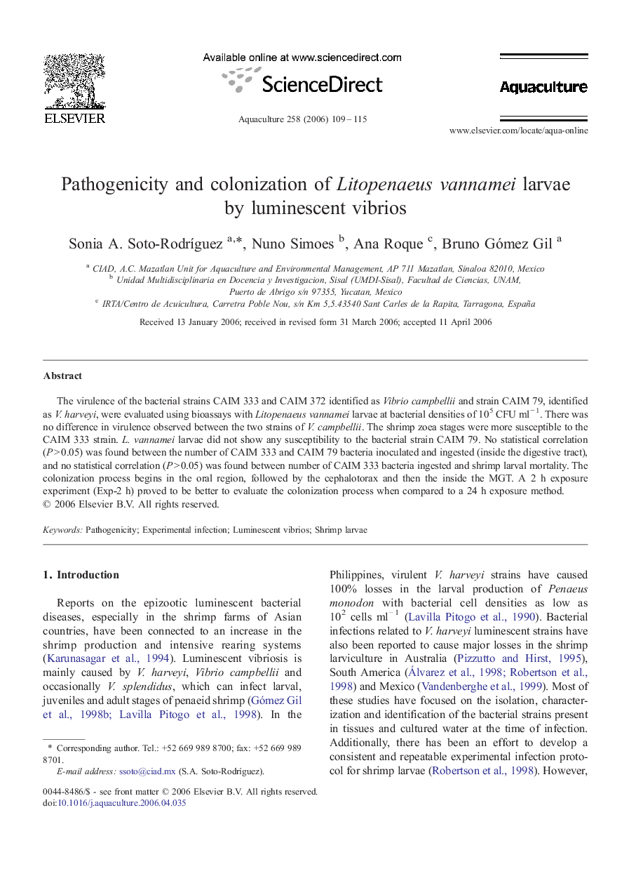 Pathogenicity and colonization of Litopenaeus vannamei larvae by luminescent vibrios