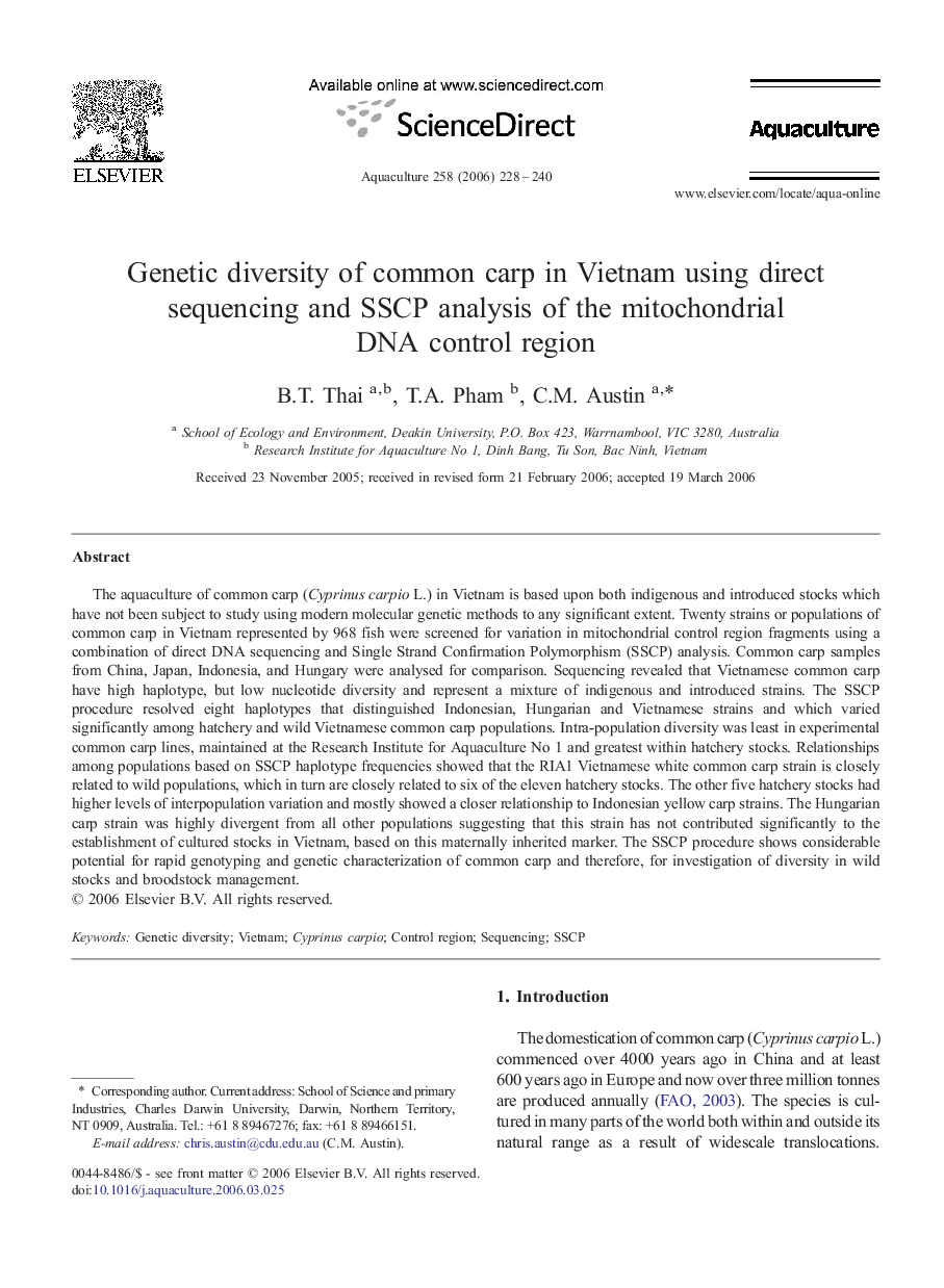 Genetic diversity of common carp in Vietnam using direct sequencing and SSCP analysis of the mitochondrial DNA control region