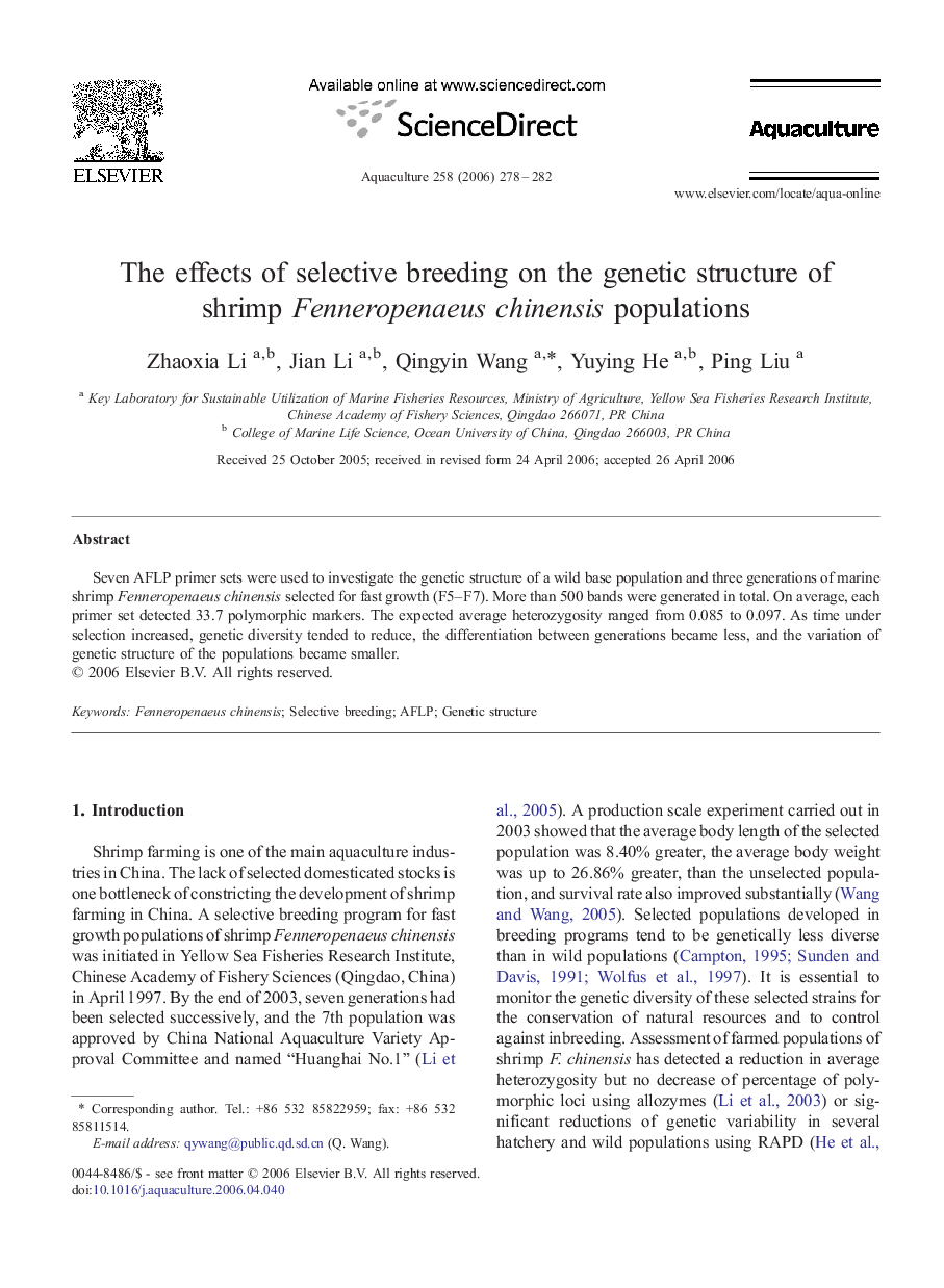 The effects of selective breeding on the genetic structure of shrimp Fenneropenaeus chinensis populations