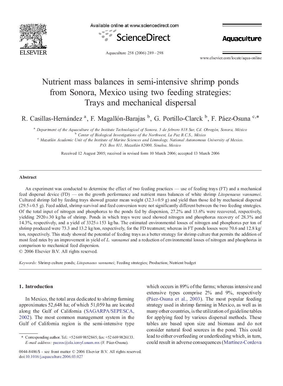 Nutrient mass balances in semi-intensive shrimp ponds from Sonora, Mexico using two feeding strategies: Trays and mechanical dispersal