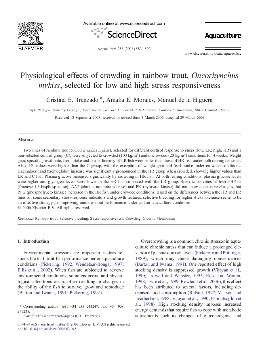 Physiological effects of crowding in rainbow trout, Oncorhynchus mykiss, selected for low and high stress responsiveness