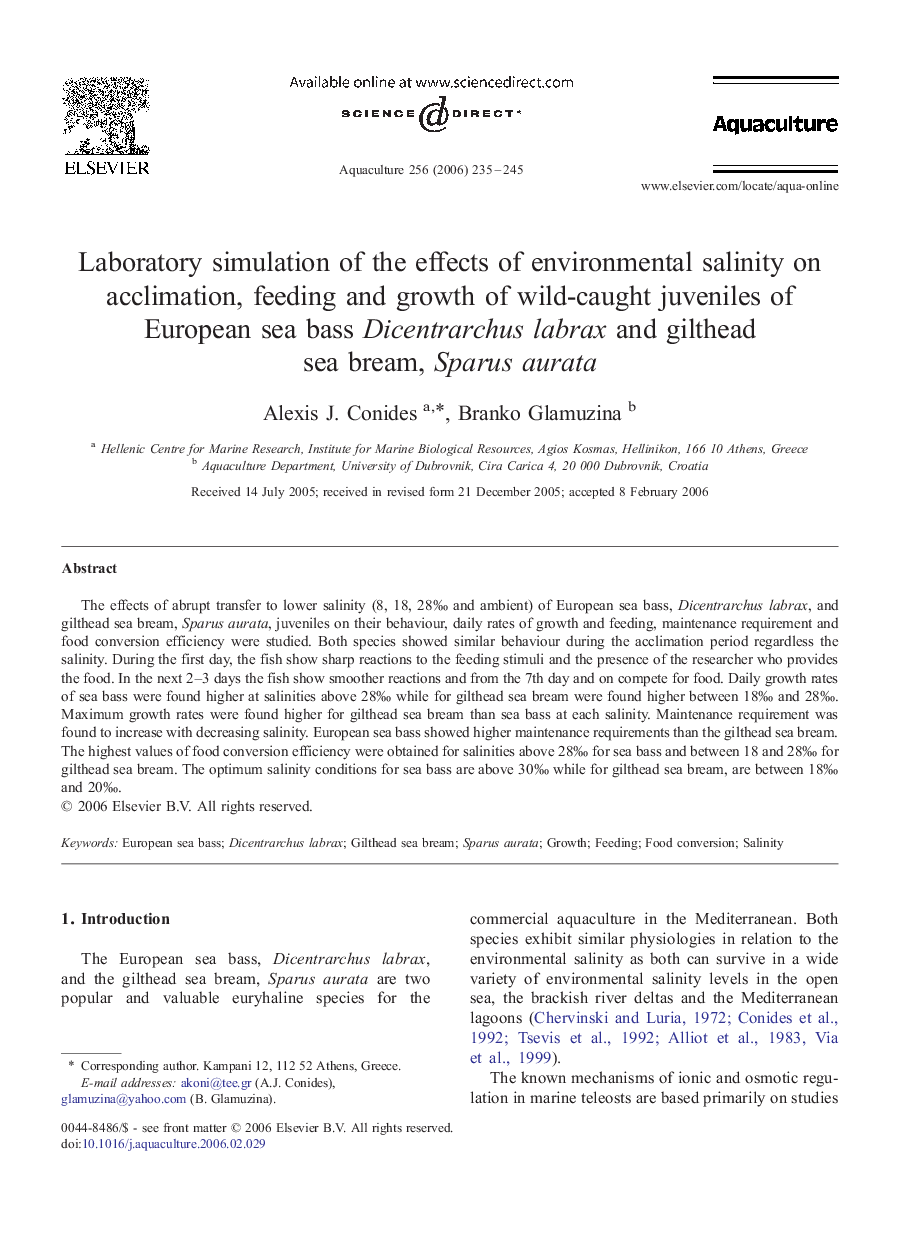 Laboratory simulation of the effects of environmental salinity on acclimation, feeding and growth of wild-caught juveniles of European sea bass Dicentrarchus labrax and gilthead sea bream, Sparus aurata