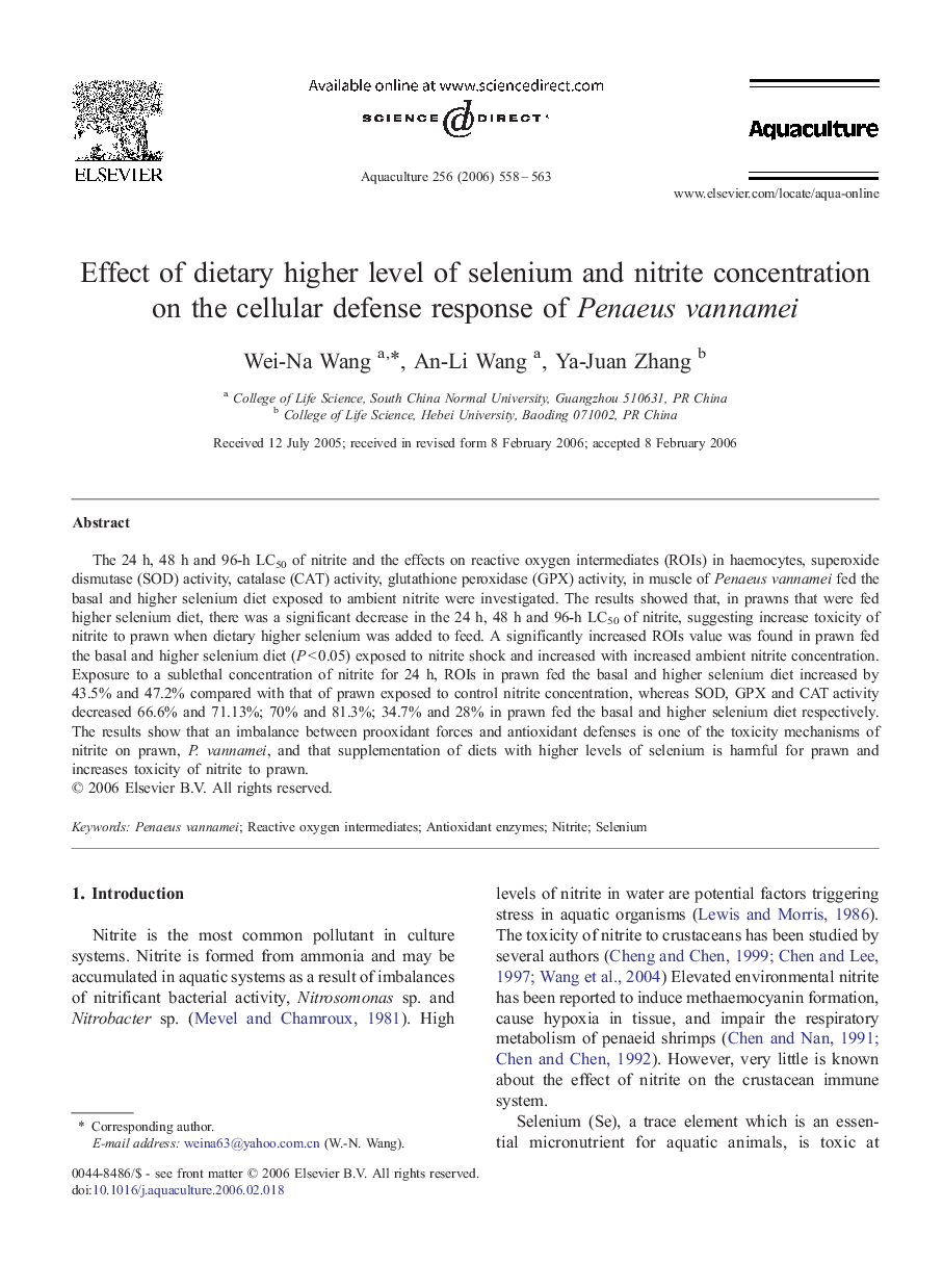 Effect of dietary higher level of selenium and nitrite concentration on the cellular defense response of Penaeus vannamei