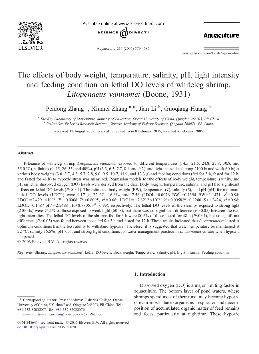 The effects of body weight, temperature, salinity, pH, light intensity and feeding condition on lethal DO levels of whiteleg shrimp, Litopenaeus vannamei (Boone, 1931)