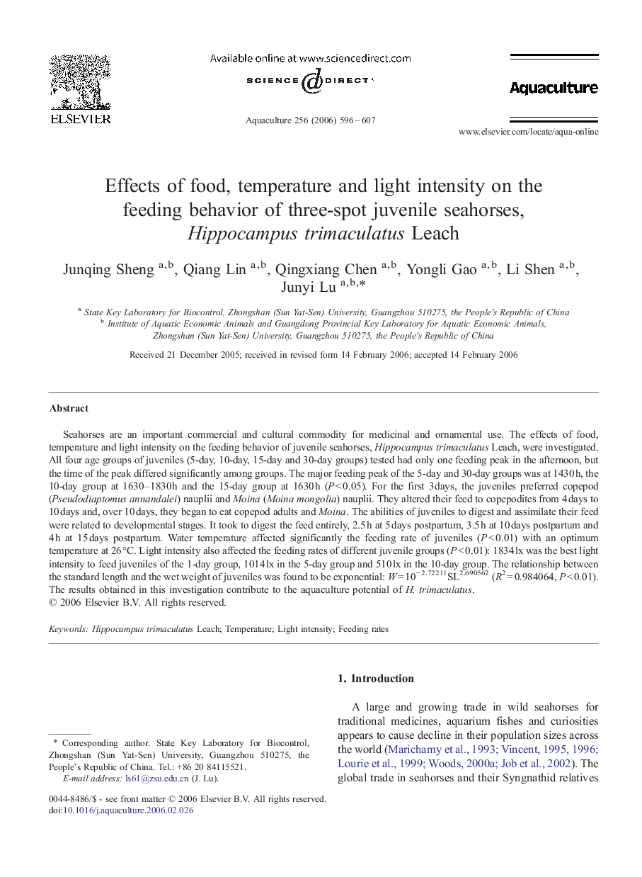 Effects of food, temperature and light intensity on the feeding behavior of three-spot juvenile seahorses, Hippocampus trimaculatus Leach