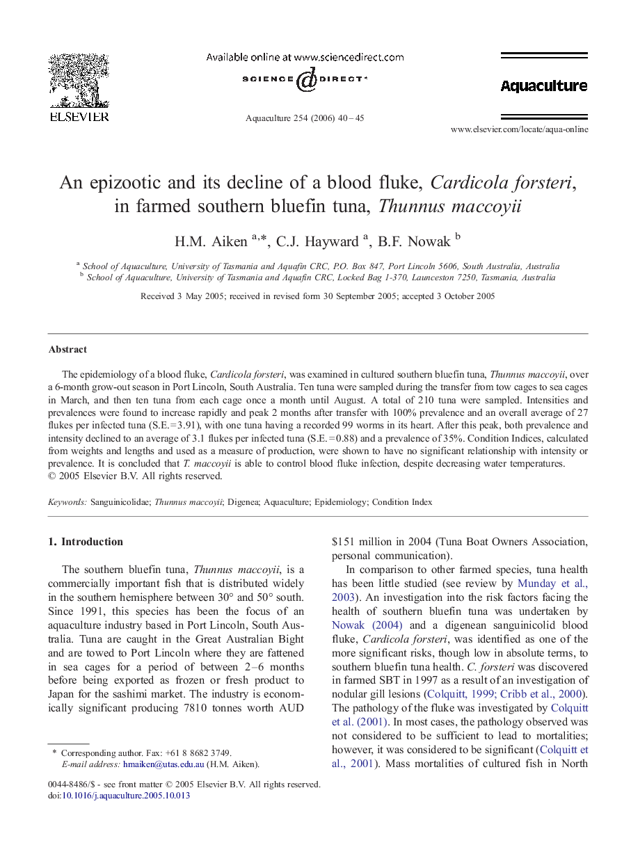 An epizootic and its decline of a blood fluke, Cardicola forsteri, in farmed southern bluefin tuna, Thunnus maccoyii