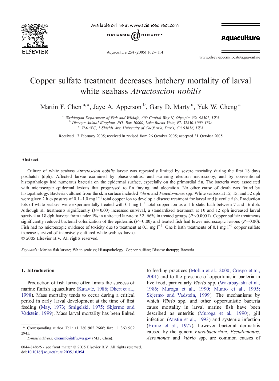 Copper sulfate treatment decreases hatchery mortality of larval white seabass Atractoscion nobilis