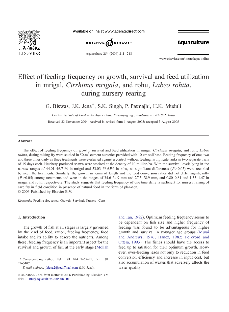 Effect of feeding frequency on growth, survival and feed utilization in mrigal, Cirrhinus mrigala, and rohu, Labeo rohita, during nursery rearing