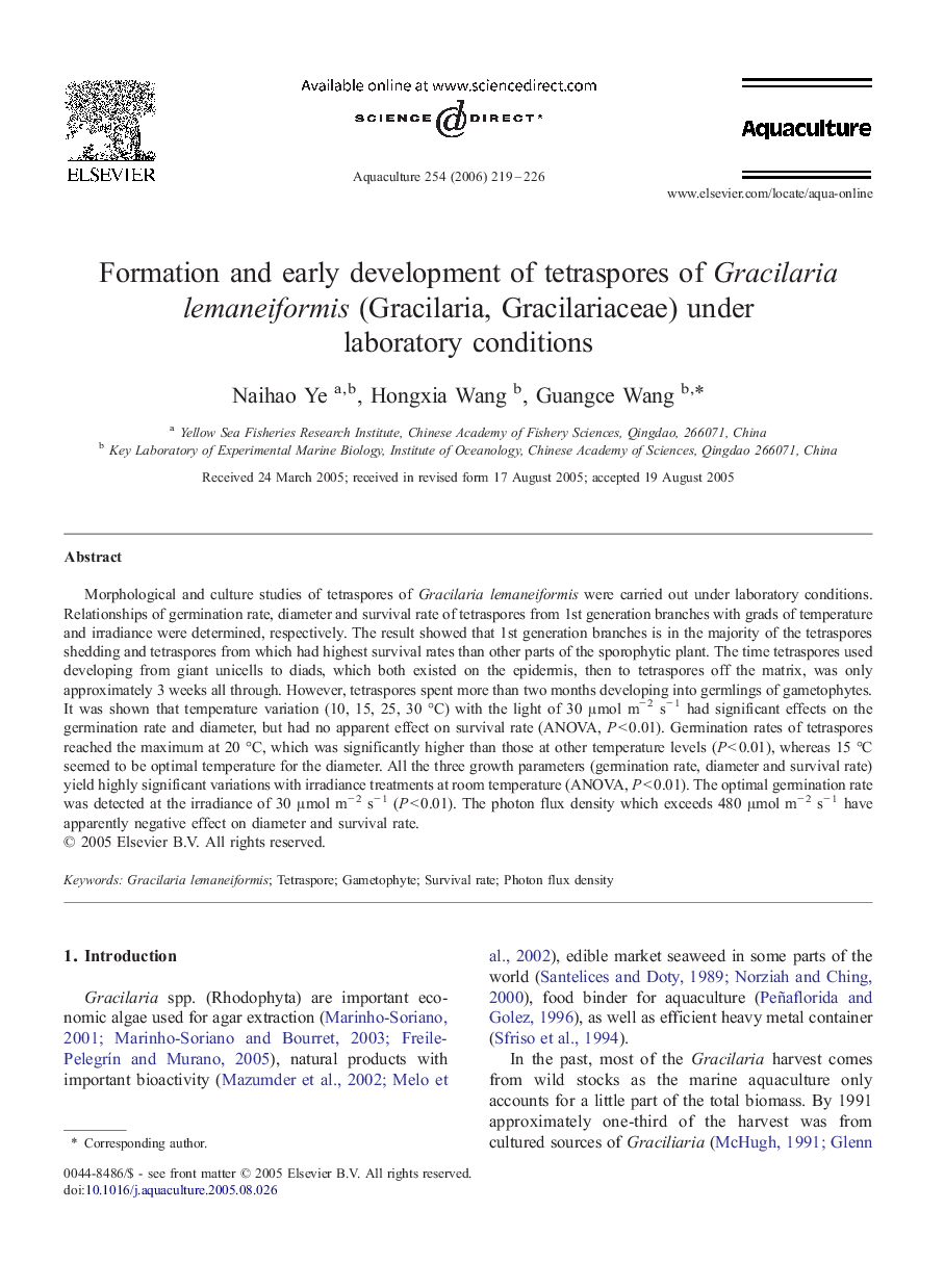 Formation and early development of tetraspores of Gracilaria lemaneiformis (Gracilaria, Gracilariaceae) under laboratory conditions