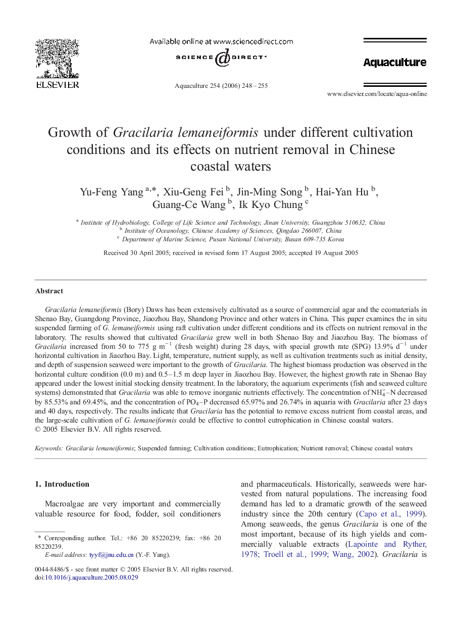 Growth of Gracilaria lemaneiformis under different cultivation conditions and its effects on nutrient removal in Chinese coastal waters