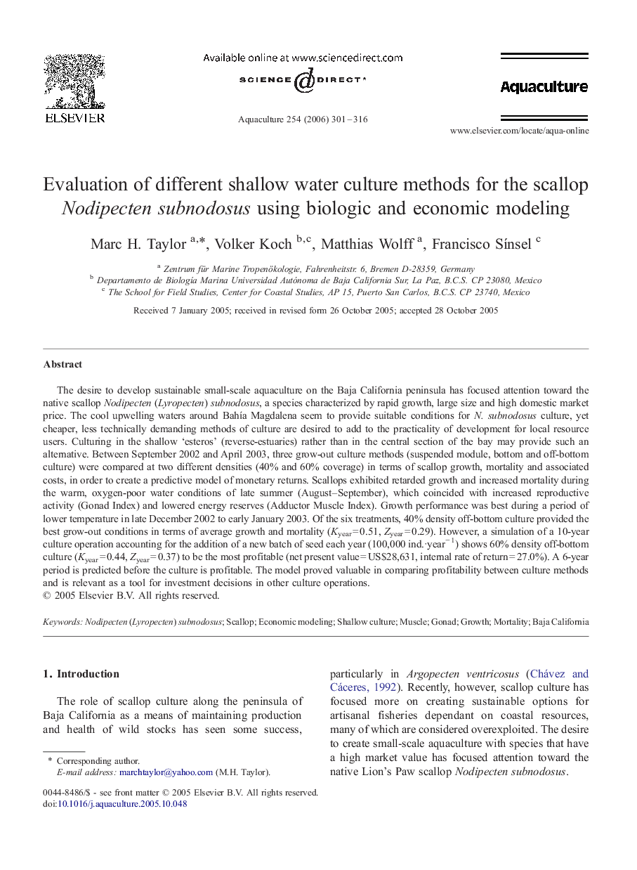 Evaluation of different shallow water culture methods for the scallop Nodipecten subnodosus using biologic and economic modeling