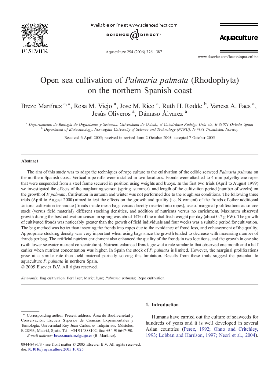 Open sea cultivation of Palmaria palmata (Rhodophyta) on the northern Spanish coast