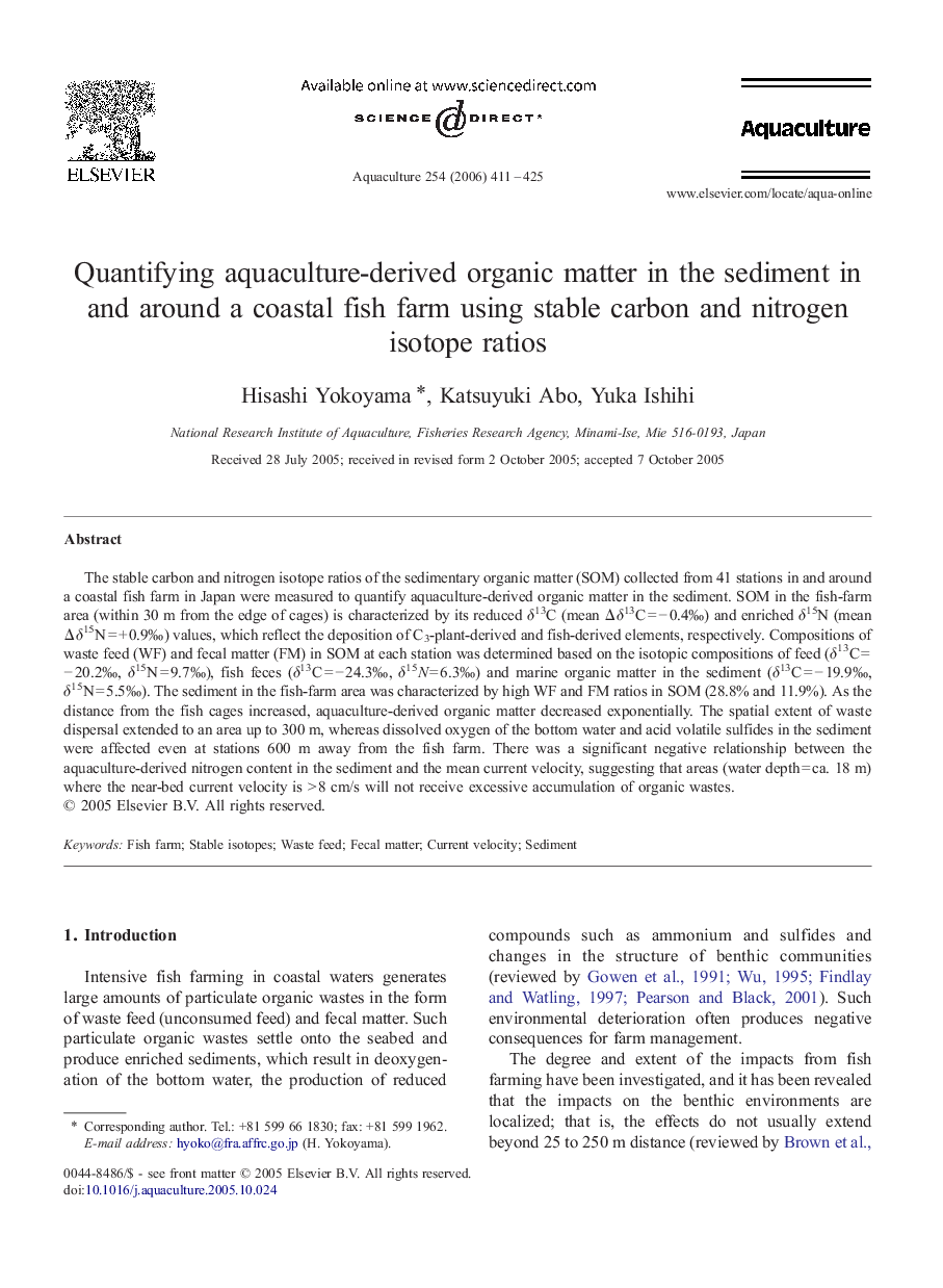 Quantifying aquaculture-derived organic matter in the sediment in and around a coastal fish farm using stable carbon and nitrogen isotope ratios