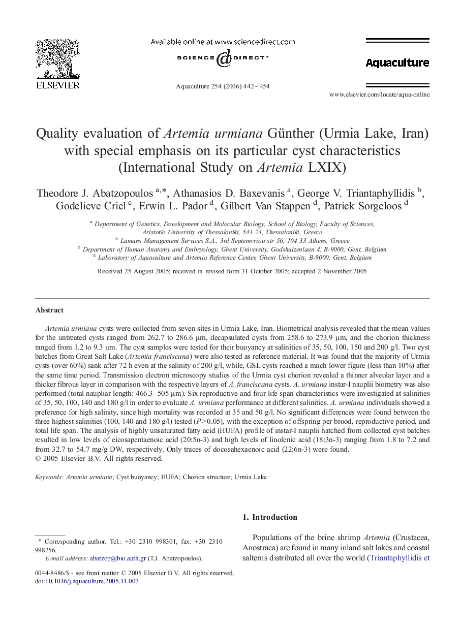 Quality evaluation of Artemia urmiana Günther (Urmia Lake, Iran) with special emphasis on its particular cyst characteristics (International Study on Artemia LXIX)