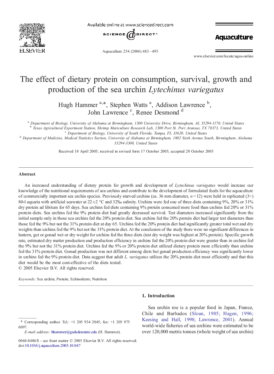 The effect of dietary protein on consumption, survival, growth and production of the sea urchin Lytechinus variegatus