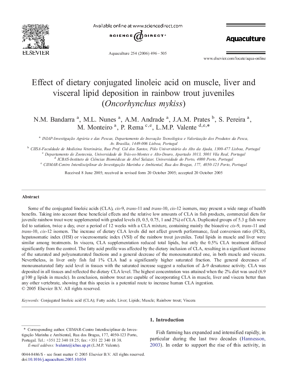 Effect of dietary conjugated linoleic acid on muscle, liver and visceral lipid deposition in rainbow trout juveniles (Oncorhynchus mykiss)