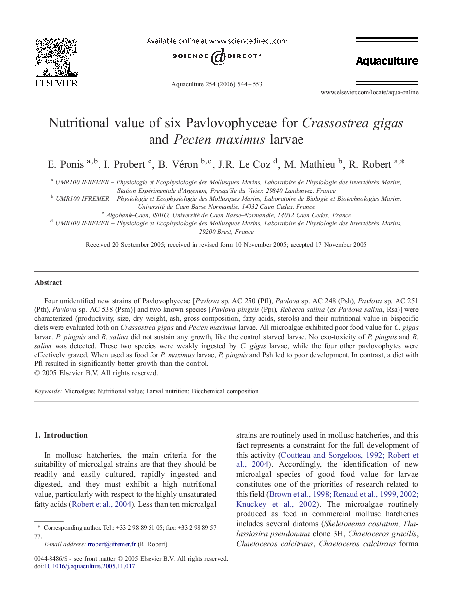 Nutritional value of six Pavlovophyceae for Crassostrea gigas and Pecten maximus larvae