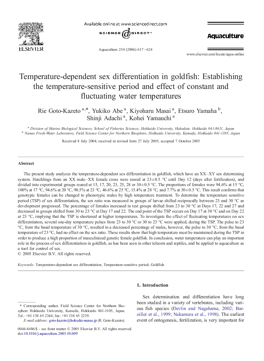 Temperature-dependent sex differentiation in goldfish: Establishing the temperature-sensitive period and effect of constant and fluctuating water temperatures