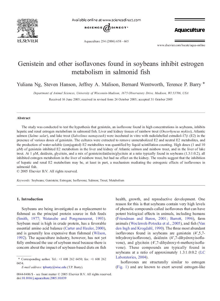 Genistein and other isoflavones found in soybeans inhibit estrogen metabolism in salmonid fish