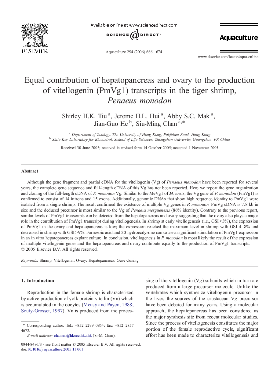 Equal contribution of hepatopancreas and ovary to the production of vitellogenin (PmVg1) transcripts in the tiger shrimp, Penaeus monodon