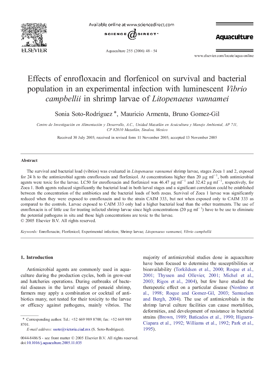 Effects of enrofloxacin and florfenicol on survival and bacterial population in an experimental infection with luminescent Vibrio campbellii in shrimp larvae of Litopenaeus vannamei