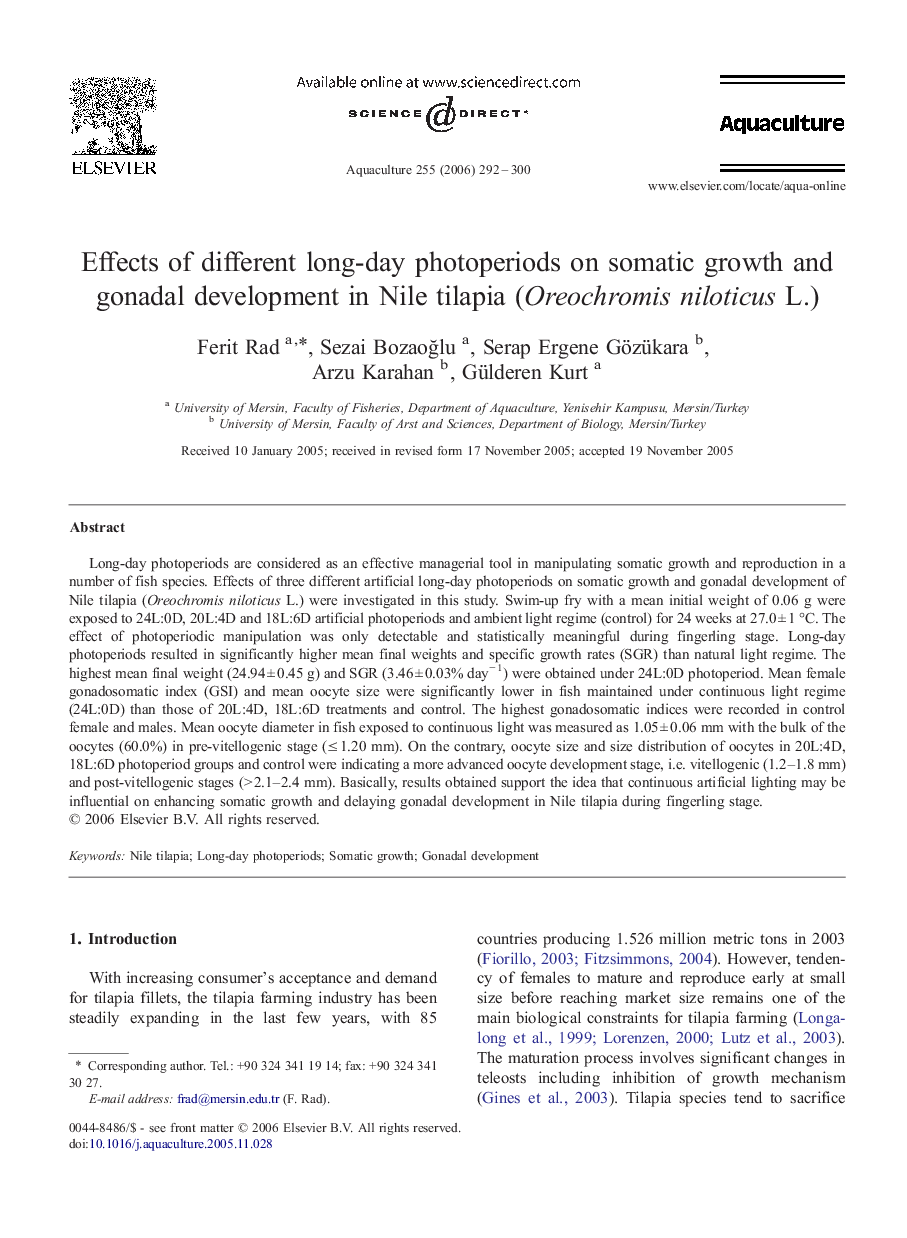 Effects of different long-day photoperiods on somatic growth and gonadal development in Nile tilapia (Oreochromis niloticus L.)