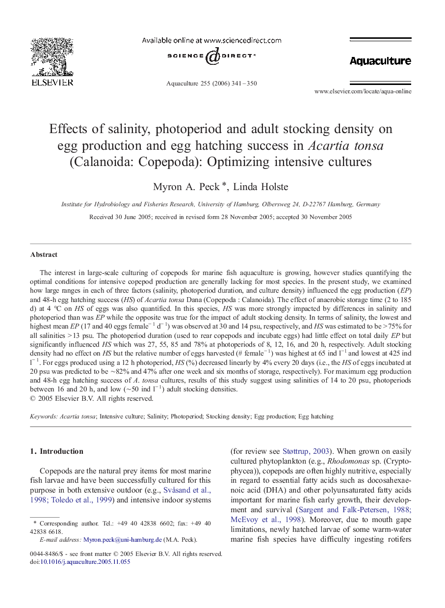 Effects of salinity, photoperiod and adult stocking density on egg production and egg hatching success in Acartia tonsa (Calanoida: Copepoda): Optimizing intensive cultures