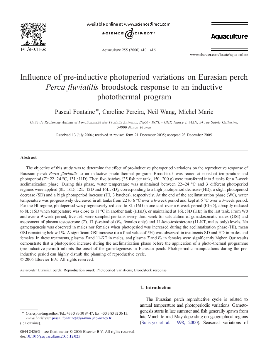 Influence of pre-inductive photoperiod variations on Eurasian perch Perca fluviatilis broodstock response to an inductive photothermal program