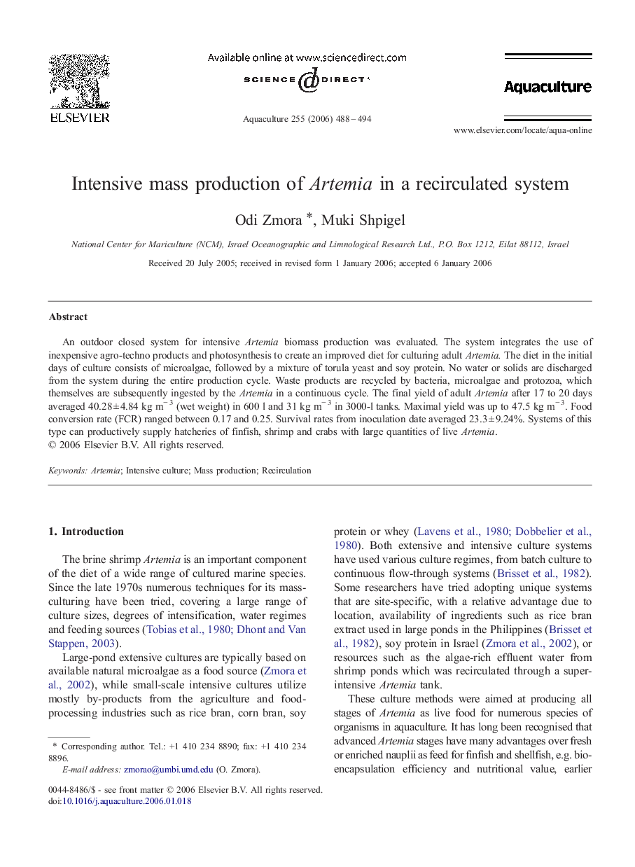 Intensive mass production of Artemia in a recirculated system